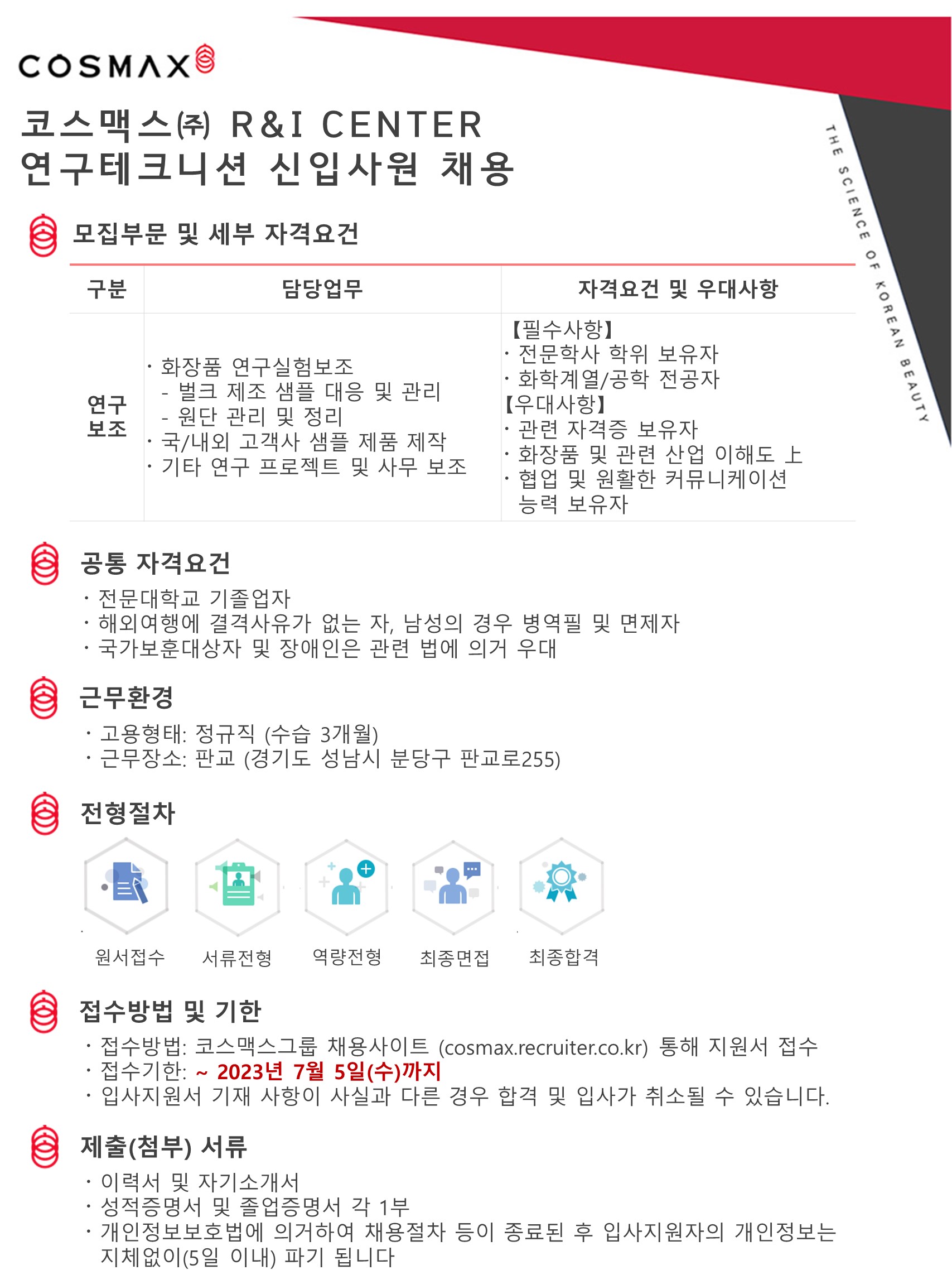 [코스맥스] 코스맥스(주) R&i CENTER 연구테크니션 신입부문 채용